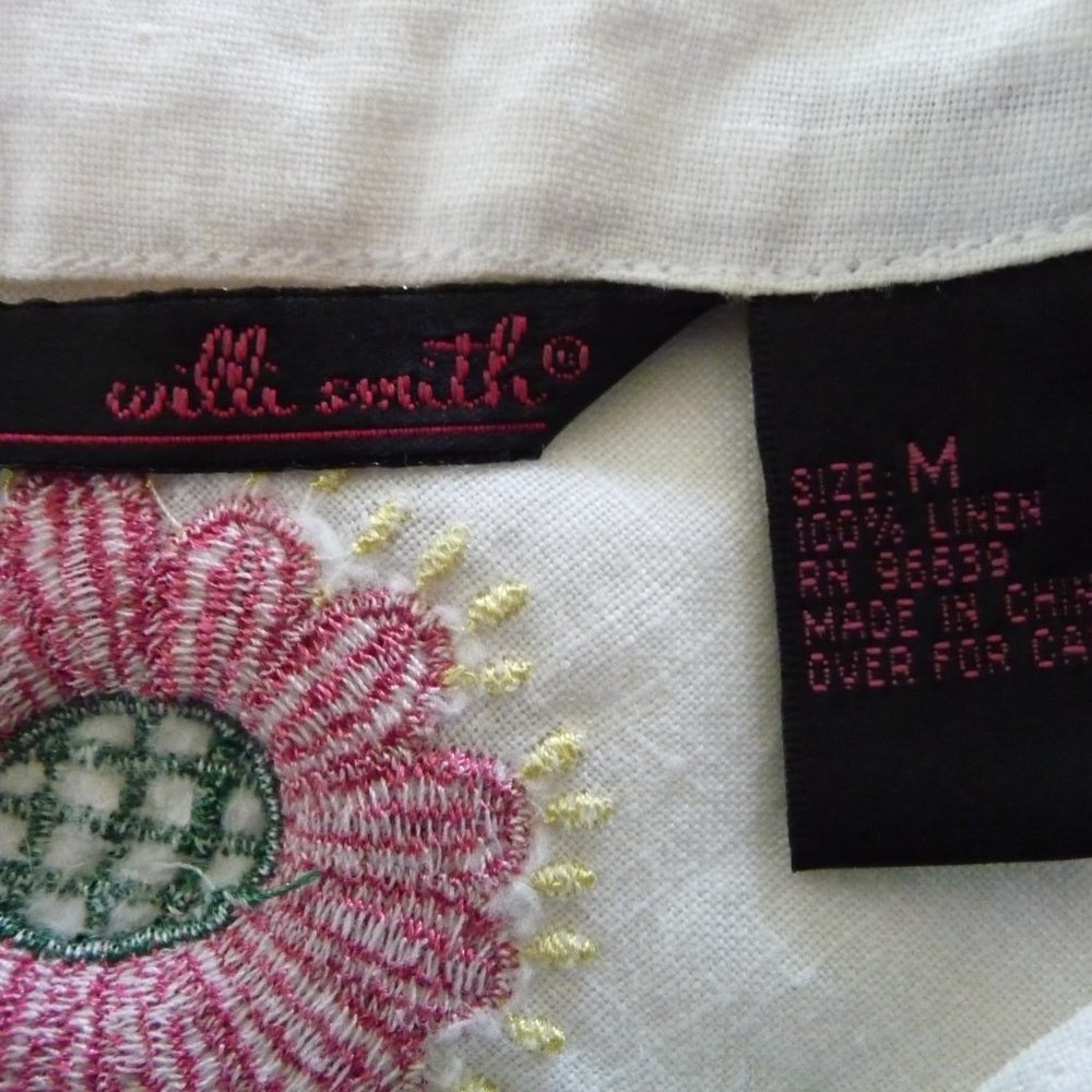 WILLI SMITH  TRENDY BOHEMIAN HIPPIE PEASANT LINEN BLOUSE WITH EMBROIDERY SIZE M - Picture 3 of 7